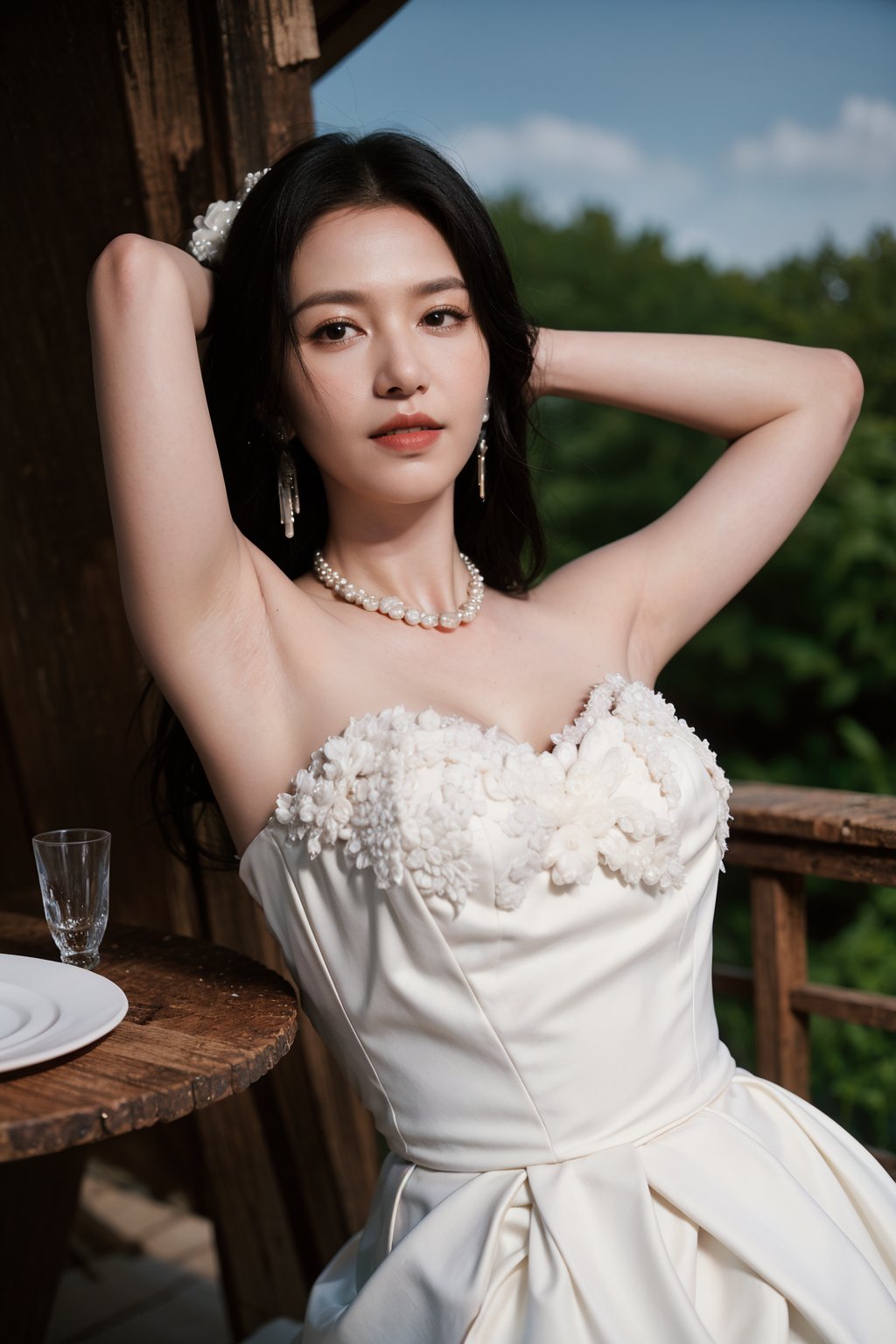 1girl, black hair, smiling, wedding dress, half body shot, (18yo),(arms behind head:1.2),  beautiful, detailed eyes, white dress, lace details, pearl necklace, delicate makeup, natural light, outdoor setting, greenery background, peaceful expression, best quality, masterpiece.