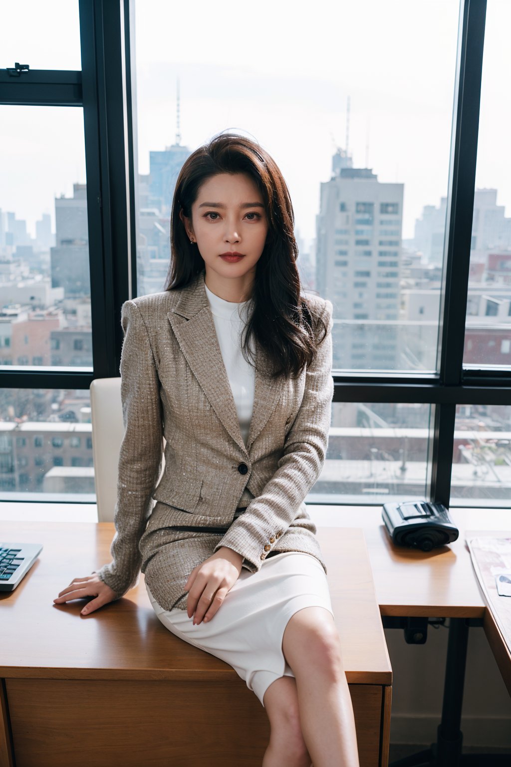 1girl, office lady, solo, (20yo), beautiful, detailed eyes, black hair, long hair, professional attire, suit jacket, pencil skirt, high heels, sitting at desk, computer on desk, office environment, modern interior, window view, sunlight, beautifully detailed background, depth of field, realistic, ambient light, (cinematic composition:1.3), HDR, Accent Lighting, wide-angle lens, best quality, masterpiece