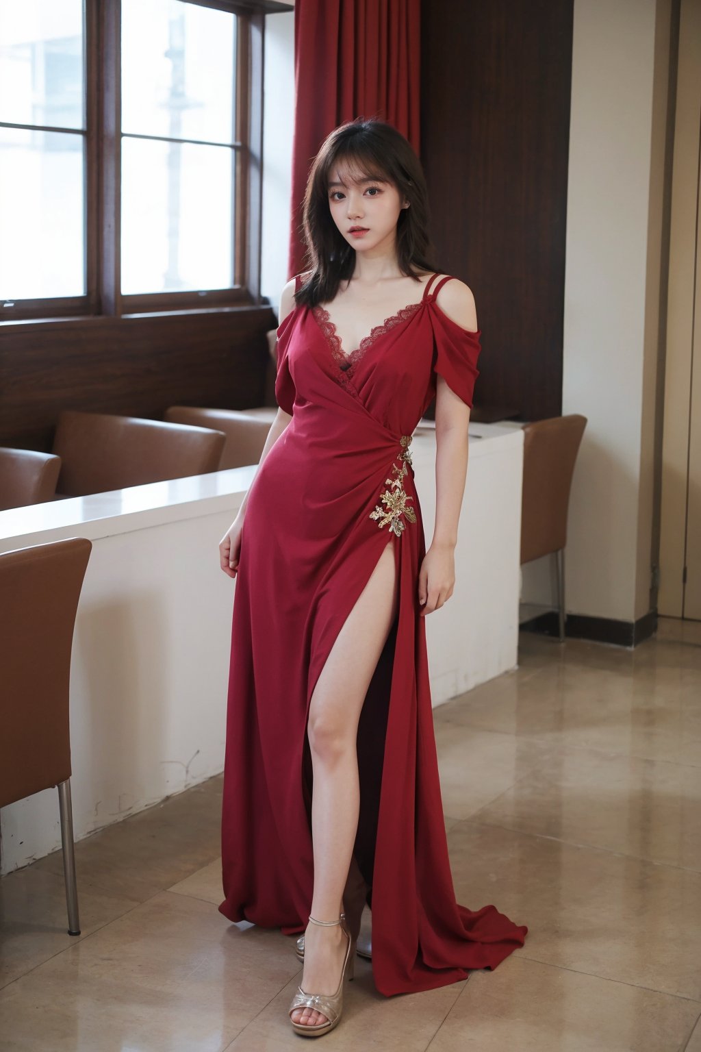 1girl, black hair, standing, sexy, hotel interior, full body shot, detailed eyes, elegant posture, (red dress:1.2), high heels, beautiful, (ambient light:1.0), luxurious setting, depth of field, realistic style, best quality, masterpiece.