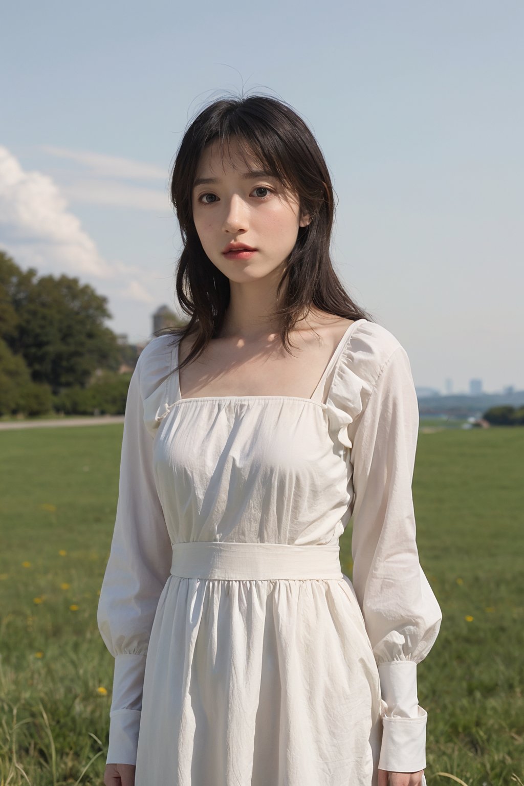 1girl, medieval, black hair, young lady, relaxed expression, detailed eyes, long hair, casual dress, (medieval dress:1.2), natural makeup, standing pose, grassy field, castle in the distance, sunny day, blue sky, fluffy white clouds, beautifully detailed background, depth of field, realistic, ambient light, (cinematic composition:1.3), HDR, Accent Lighting, wide-angle lens, best quality, masterpiece.