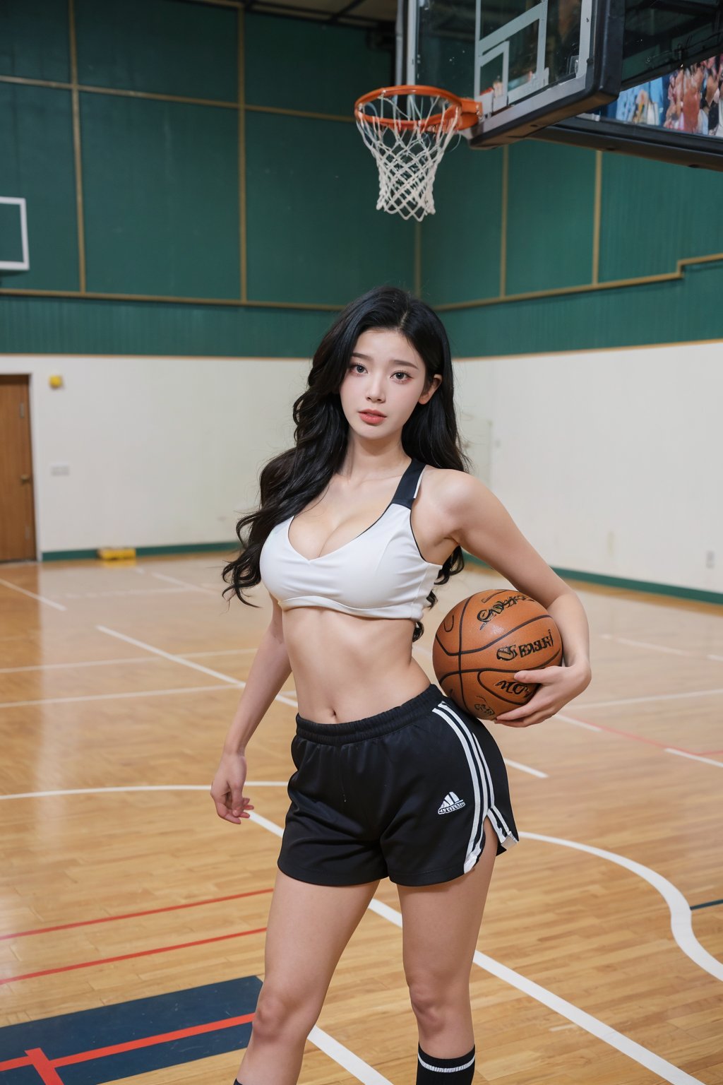 1girl, black hair, standing, full body, detailed eyes, athletic, (Cleavage), beautiful, basketball uniform, shorts, sneakers, high socks, dynamic pose, school gym background, polished wooden floor, basketball hoop, backboard, scoreboard, bright lighting, (cinematic composition:1.3), depth of field, realistic, ambient light, wide-angle lens, best quality, masterpiece.