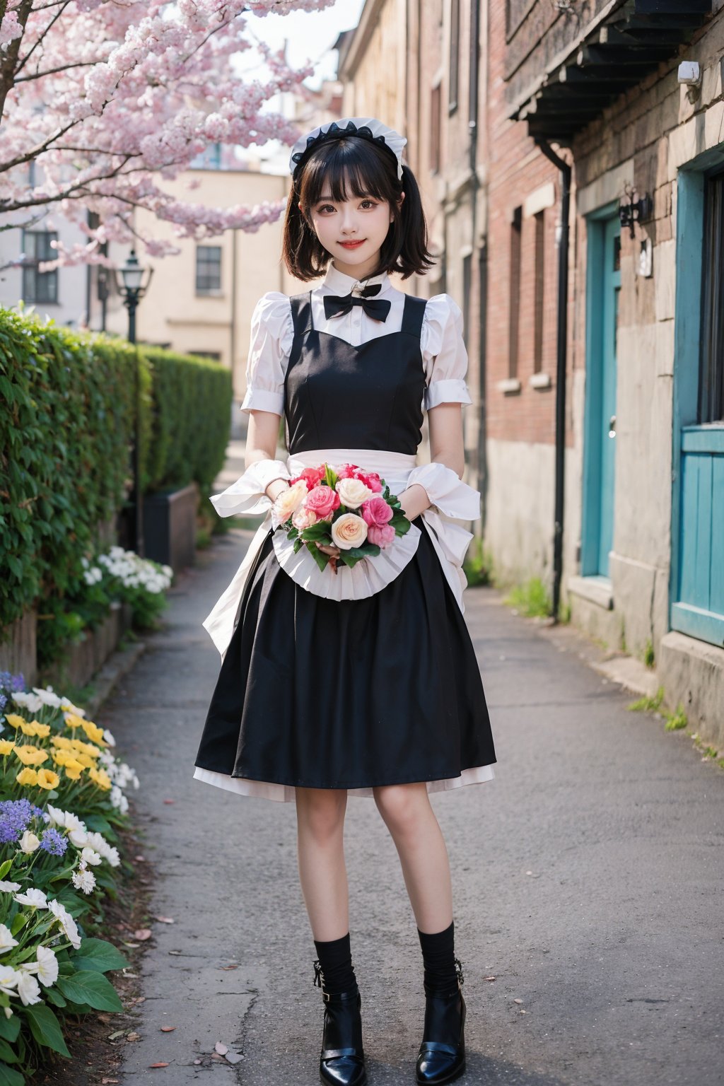 1girl, black hair, smiling, standing, full-body shot, (maid costume), street, cobblestones, lampposts, flower beds, sunny day, realistic style, high resolution, best quality, masterpiece.