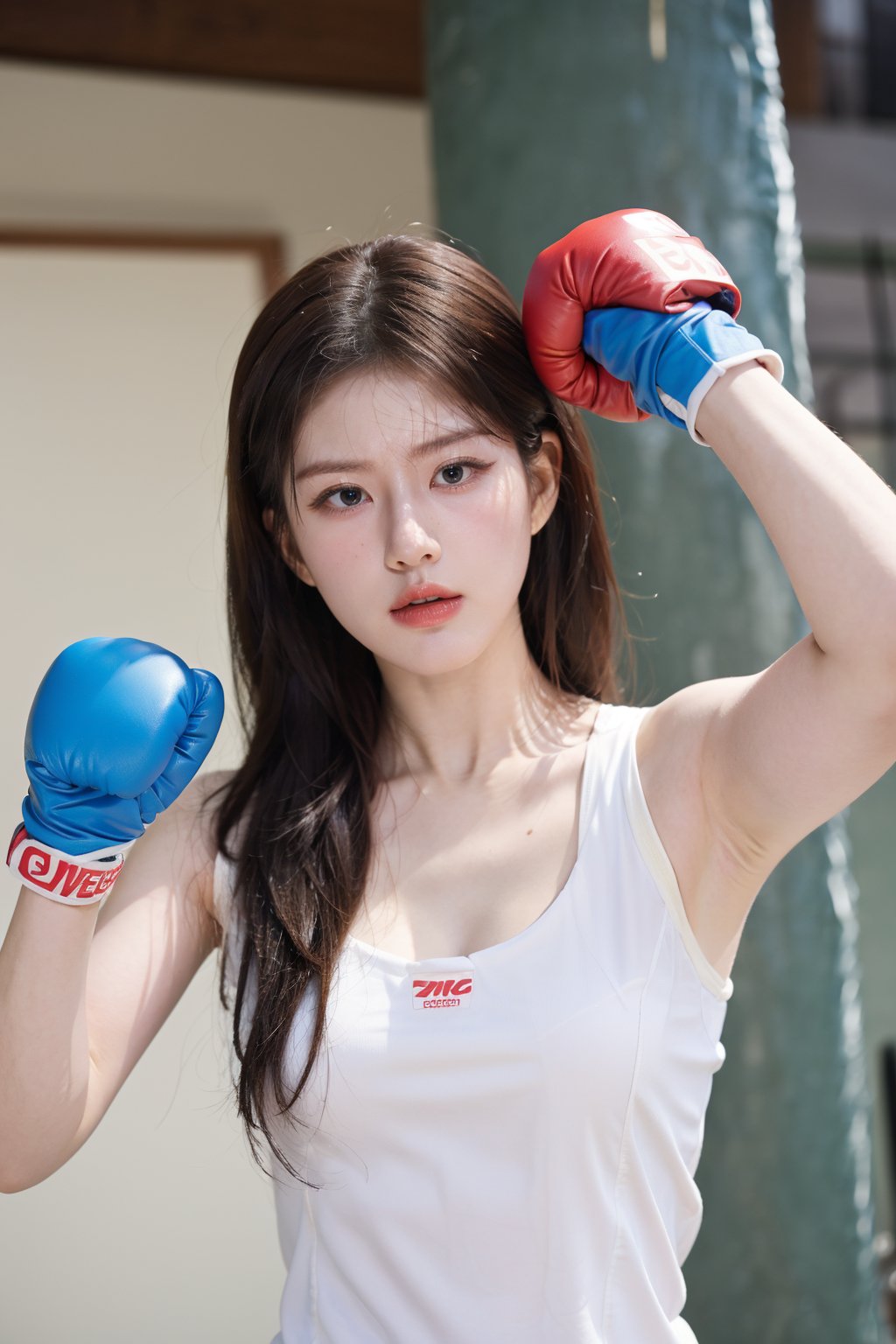 1girl, beautiful, black hair, young, (20yo), determined expression, boxing ring, punching, sportswear, dynamic pose, sweat, intense eyes, focused, gym, bright lighting, realistic style, best quality, masterpiece.