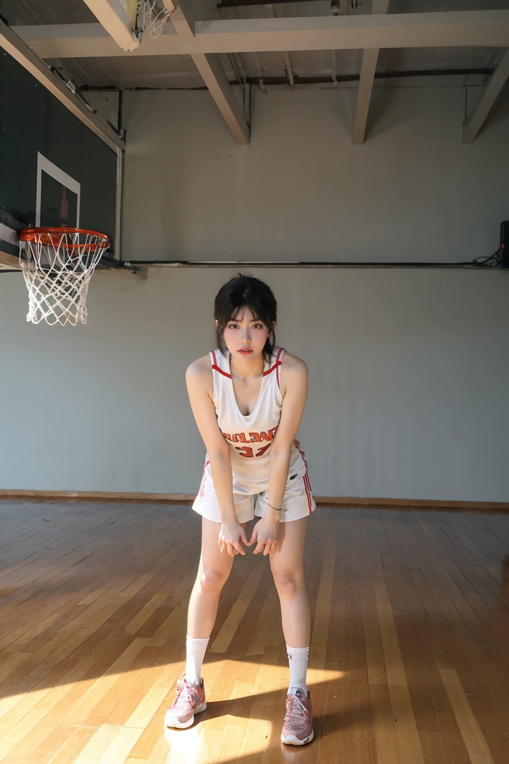 1girl, black hair, standing, full body, detailed eyes, athletic, (Cleavage), beautiful, basketball uniform, shorts, sneakers, high socks, dynamic pose, school gym background, polished wooden floor, basketball hoop, backboard, scoreboard, bright lighting, (cinematic composition:1.3), depth of field, realistic, ambient light, wide-angle lens, best quality, masterpiece.