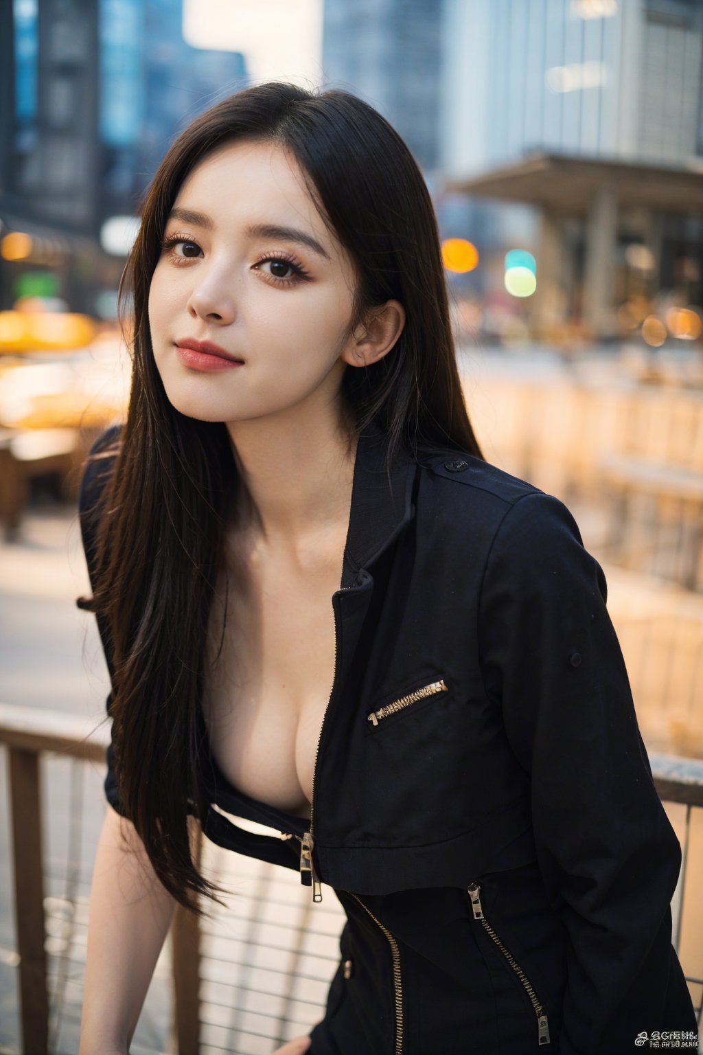 1girl, black hair, solo, (Cleavage), beautiful, detailed eyes, smiling, half body, open zipper jacket, leaning forward, city background, sunset, beautifully detailed background, depth of field, realistic, ambient light, (cinematic composition:1.3), wide-angle lens, best quality, masterpiece