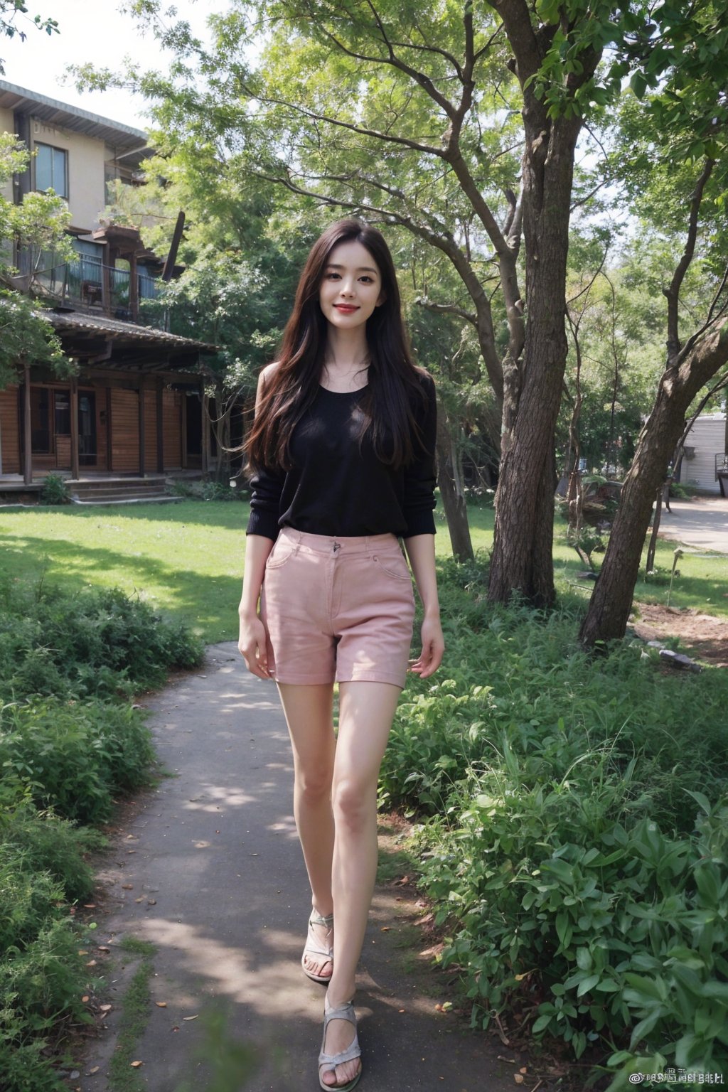 1girl, black hair, long hair, (smiling:1.2), forest, walking, full body shot, green trees, sunlight filtering through leaves, peaceful expression, casual attire, natural scenery, realistic style, best quality, masterpiece.