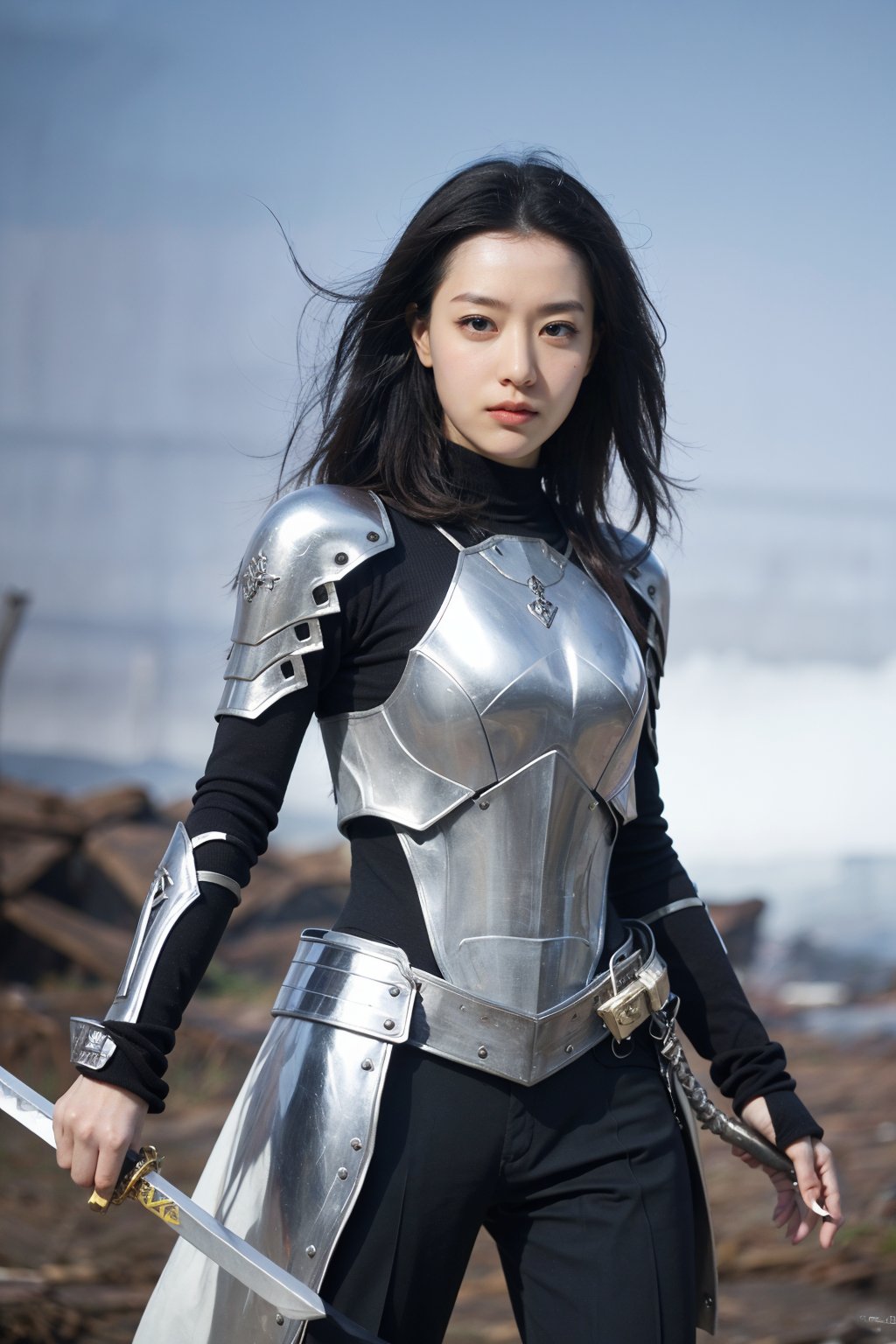 1girl, black hair, combat pose, (20yo), determined expression, glowing sword, shield, futuristic armor, dynamic action, energy effects, battlefield background, (explosion in distance:0.8), smoke, debris, high contrast lighting, (sword glow intensity:1.3), wide-angle lens, best quality, masterpiece.