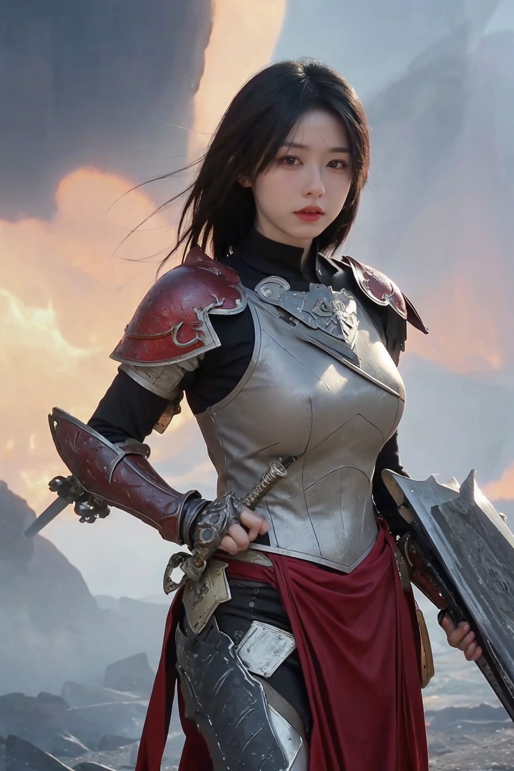 1girl, black hair, combat pose, (20yo), determined expression, glowing sword, shield, futuristic armor, dynamic action, energy effects, battlefield background, (explosion in distance:0.8), smoke, debris, high contrast lighting, (sword glow intensity:1.3), wide-angle lens, best quality, masterpiece.