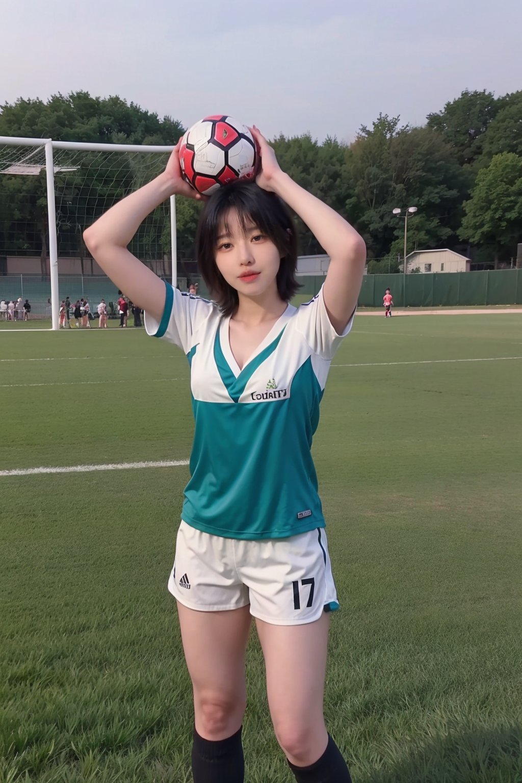 1girl, black hair, full body, soccer uniform, detailed facial features, bright eyes, Cleavage,athletic posture, standing, soccer cleats, green field, outdoor, sunny day, dynamic pose, high quality, masterpiece