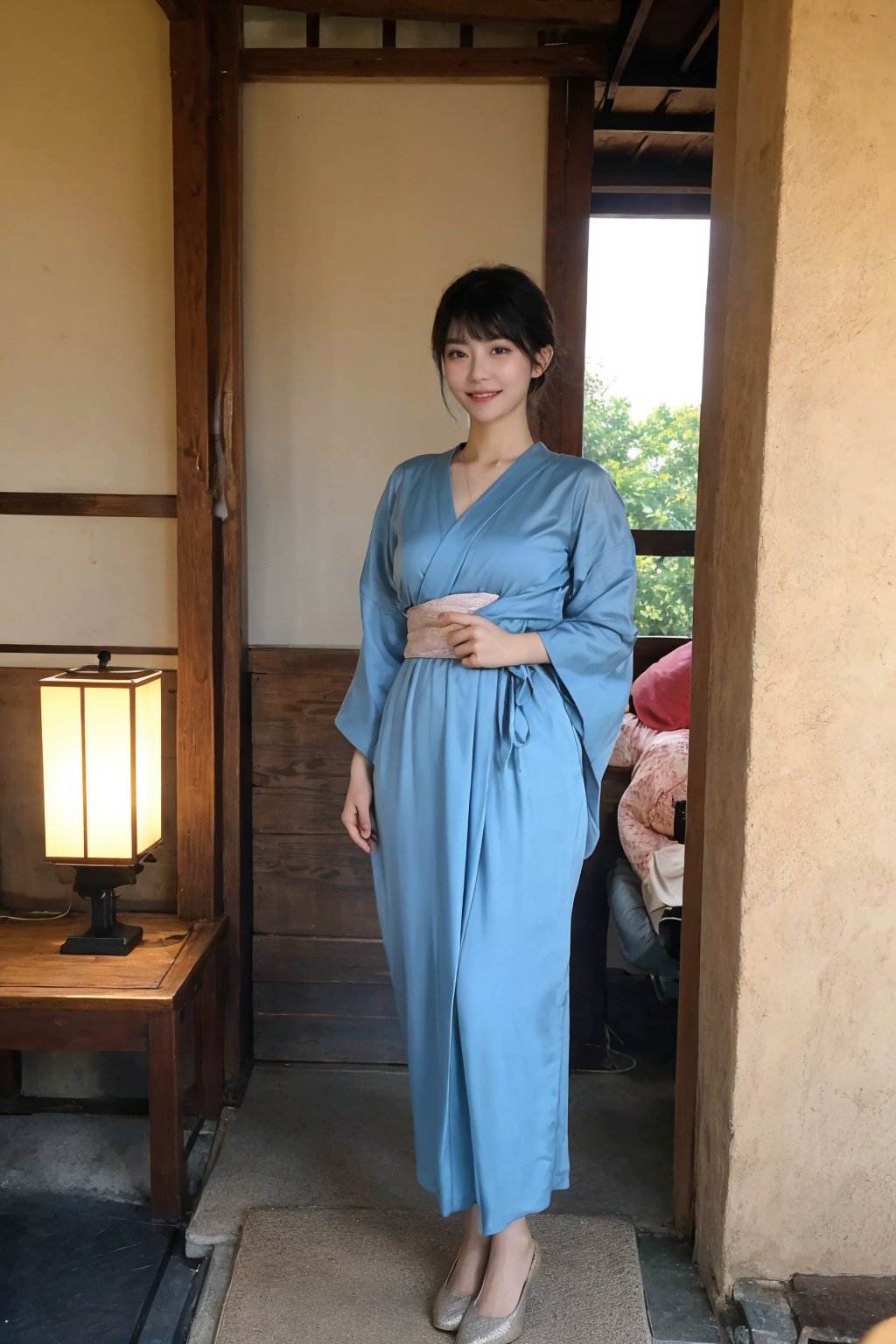 1girl, black hair, full body, standing, smiling, detailed eyes, (black hair:1.3), (kimono:1.2), (smiling:1.1), beautiful, elegant, peaceful expression, natural light, serene background, traditional Japanese setting, realistic, depth of field, ambient light, wide-angle lens, best quality, masterpiece