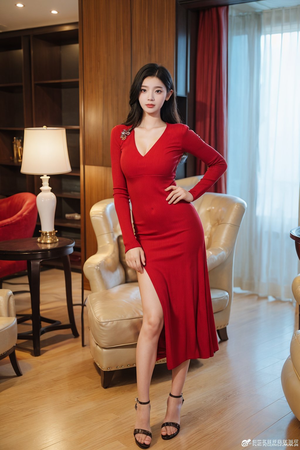 1girl, black hair, standing, sexy, hotel interior, full body shot, detailed eyes, elegant posture, (red dress:1.2), high heels, beautiful, (ambient light:1.0), luxurious setting, depth of field, realistic style, best quality, masterpiece.