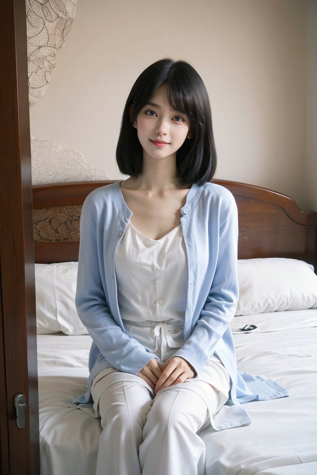 1girl, beautiful, black hair, sitting on a hotel bed, detailed eyes, (20yo), smile,elegant, looking at viewer, nightwear, silk robe, white, high-quality bedding, luxurious hotel room, warm lighting, (cinematic composition:1.3), depth of field, realistic, ambient light, wide-angle lens, best quality, masterpiece.