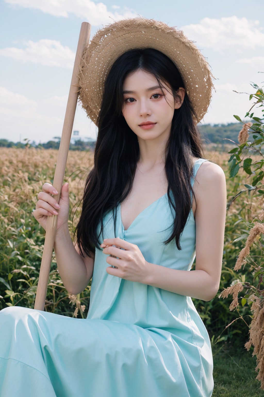 1girl, beautiful, black hair, long hair, farmer, field, agriculture, (18yo), innocent, detailed eyes, green dress, straw hat, holding scythe, wheat, sunset, peaceful, serene, rural, natural light, high resolution, best quality, masterpiece. 