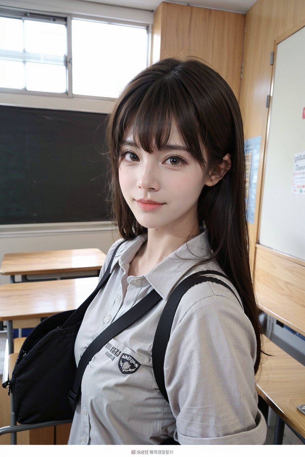 1girl, school uniform, beautiful, black hair, long hair, detailed eyes, looking at viewer, classroom setting, desk, smile,books, chalkboard, sunlight from window, (school bag:1.2), (uniform:1.3), high quality, masterpiece