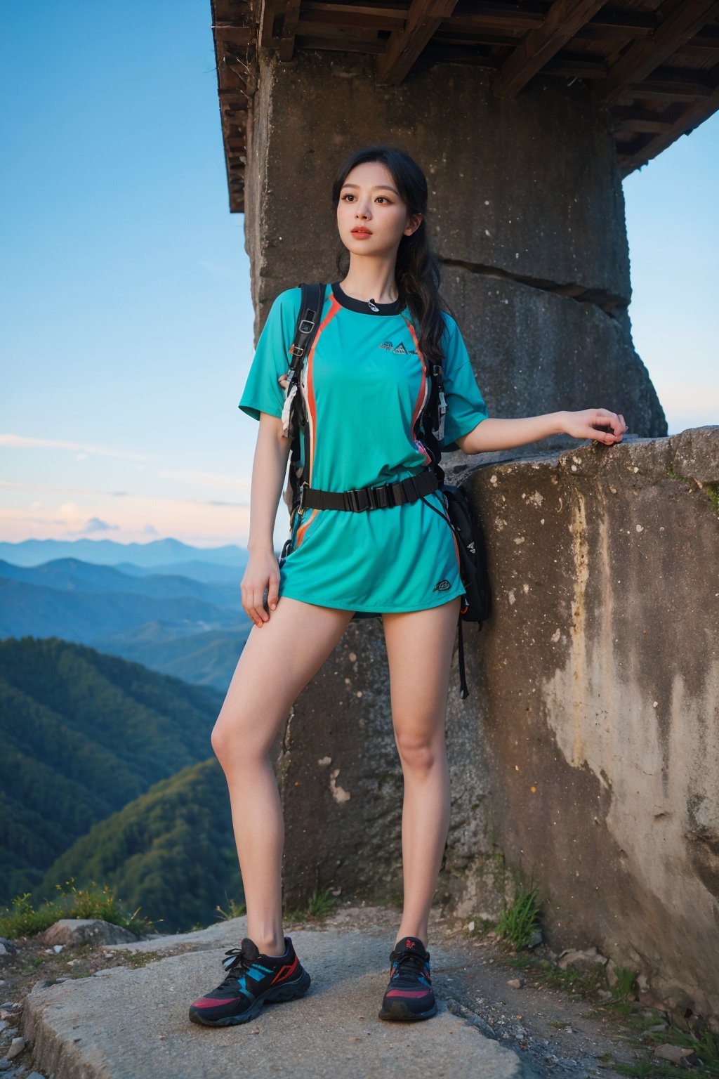 1girl, black hair, standing on a mountain top, full body shot, wearing climbing gear, hiking attire, (mountain range:1.3), (peak:1.2), (sunset:0.9), vibrant colors, clear sky, high resolution, realistic style, wide-angle lens, best quality, masterpiece.