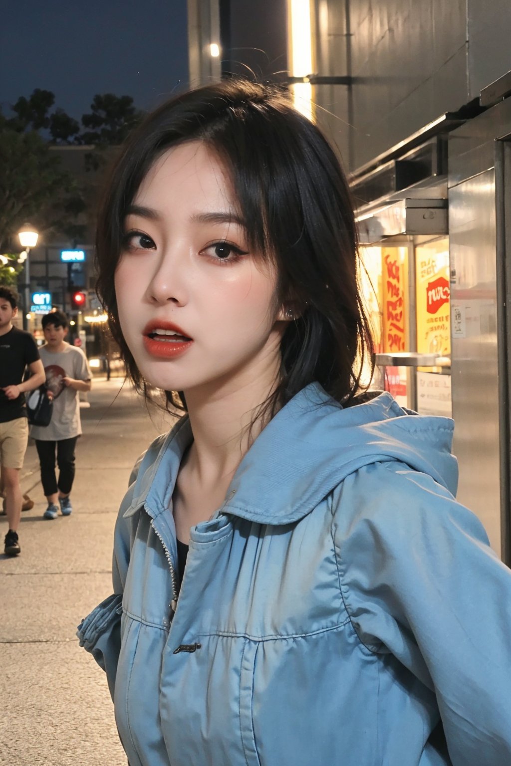 1girl, black hair, teenage, fearful expression, running, nighttime, city streets, alone, (dark shadows:0.8), (moonlight:1.2), blurred background motion, detailed face, wide eyes, open mouth, wind-blown hair, fast movement, urban environment, neon signs, streetlights, (panic:1.5), best quality, masterpiece