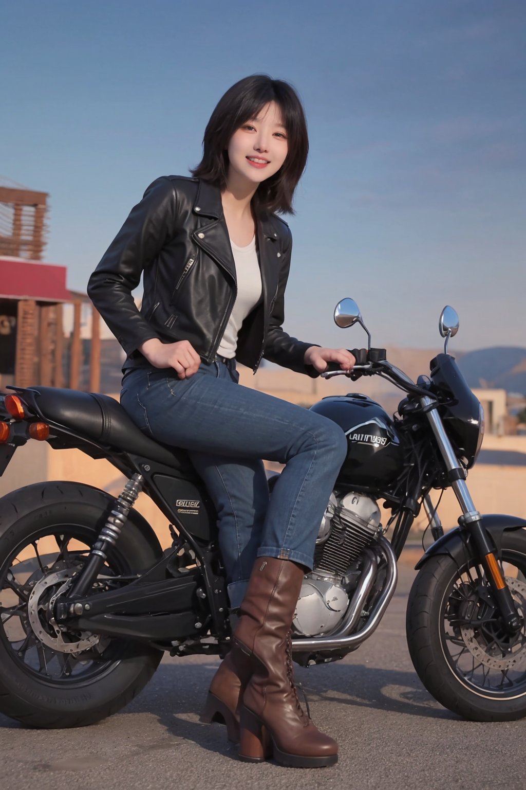 1girl, black hair, solo, (20yo), beautiful detailed eyes, smiling,leather jacket, jeans, boots, motorcycle, dynamic pose, clear sky background, realistic style, ambient light, (cinematic composition:1.3), wide-angle lens, best quality, masterpiece