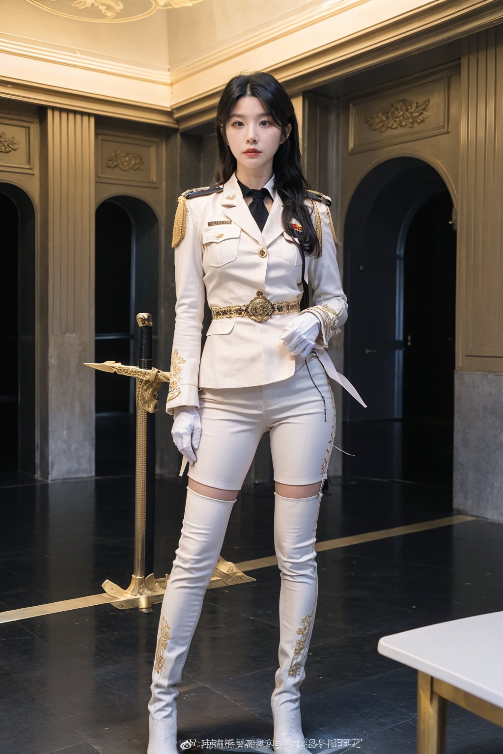 1girl, black hair, young, military general, full-body portrait, detailed uniform, (golden embroidery:1.2), epaulettes, (rank insignia:1.3), sharp eyes, determined expression, standing posture, holding a sword, (sword details:1.1), leather boots, (boot details:1.05), background suggestive of a war room, maps, strategy papers, dim lighting, realistic, depth of field, (cinematic composition:1.3), high resolution, best quality, masterpiece.