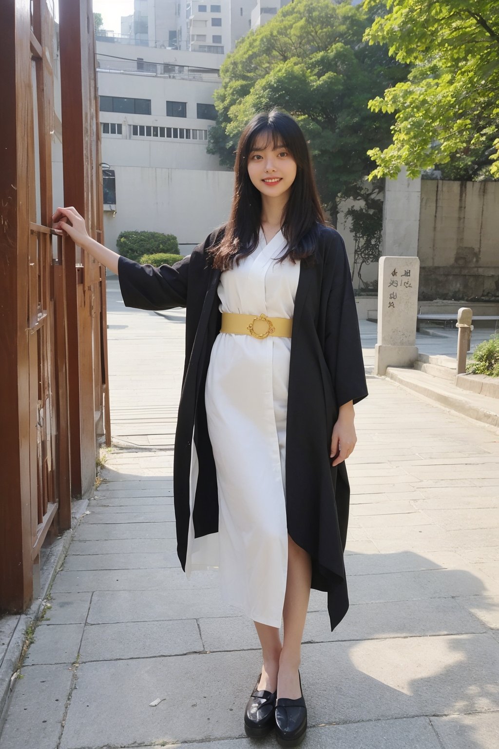 1girl, black hair, full body, standing, smiling, detailed eyes, (black hair:1.3), (kimono:1.2), (smiling:1.1), beautiful, elegant, peaceful expression, natural light, serene background, traditional Japanese setting, realistic, depth of field, ambient light, wide-angle lens, best quality, masterpiece