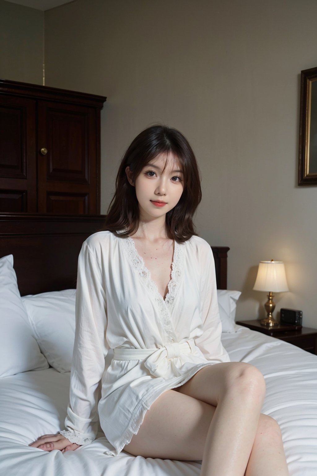 1girl, beautiful, black hair, sitting on a hotel bed, detailed eyes, (20yo), smile,elegant, looking at viewer, nightwear, silk robe, white, high-quality bedding, luxurious hotel room, warm lighting, (cinematic composition:1.3), depth of field, realistic, ambient light, wide-angle lens, best quality, masterpiece.