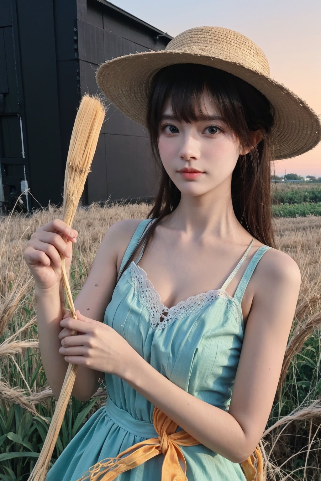 1girl, beautiful, black hair, long hair, farmer, field, agriculture, (18yo), innocent, detailed eyes, green dress, straw hat, holding scythe, wheat, sunset, peaceful, serene, rural, natural light, high resolution, best quality, masterpiece. 