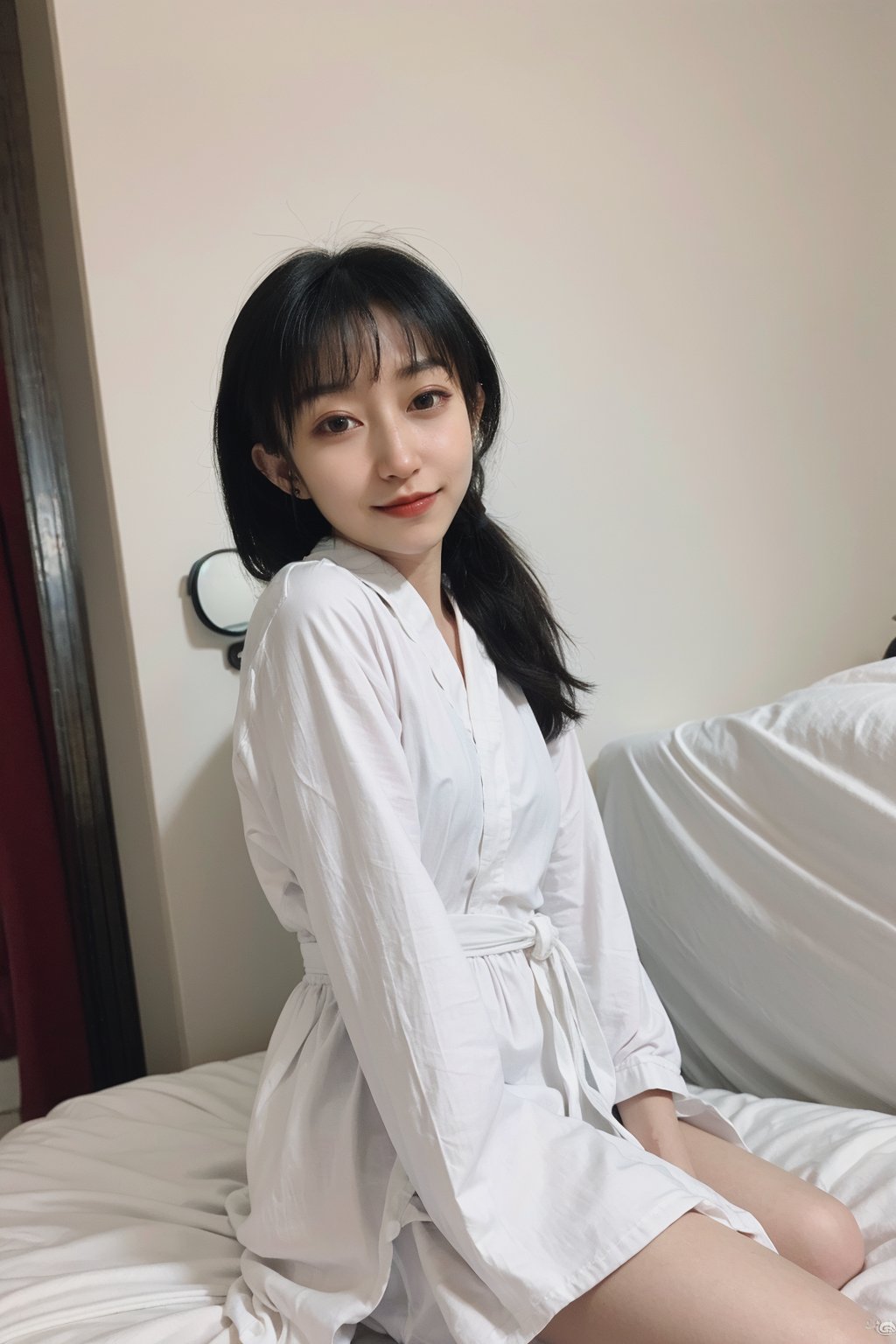 1girl, beautiful, black hair, sitting on a hotel bed, detailed eyes, (20yo), smile,elegant, looking at viewer, nightwear, silk robe, white, high-quality bedding, luxurious hotel room, warm lighting, (cinematic composition:1.3), depth of field, realistic, ambient light, wide-angle lens, best quality, masterpiece.