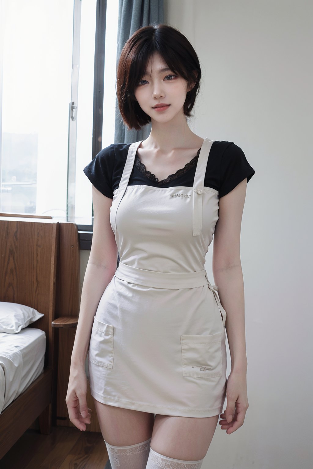 1girl, black hair, maid costume, ultra-short skirt, sexy, standing pose, full body shot, bedroom setting, smiling, (detailed eyes:1.2), (cute:1.1), flirty expression, lace trims, white apron, high socks, soft lighting, intimate atmosphere, best quality, masterpiece.