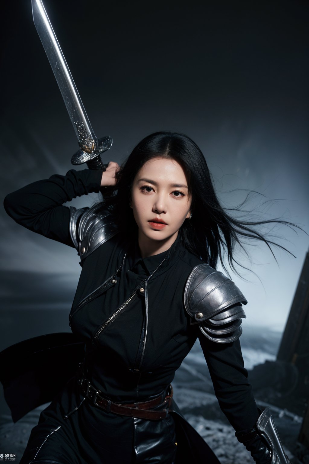 1girl, black hair, combat pose, (20yo), determined expression, glowing sword, shield, futuristic armor, dynamic action, energy effects, battlefield background, (explosion in distance:0.8), smoke, debris, high contrast lighting, (sword glow intensity:1.3), wide-angle lens, best quality, masterpiece.