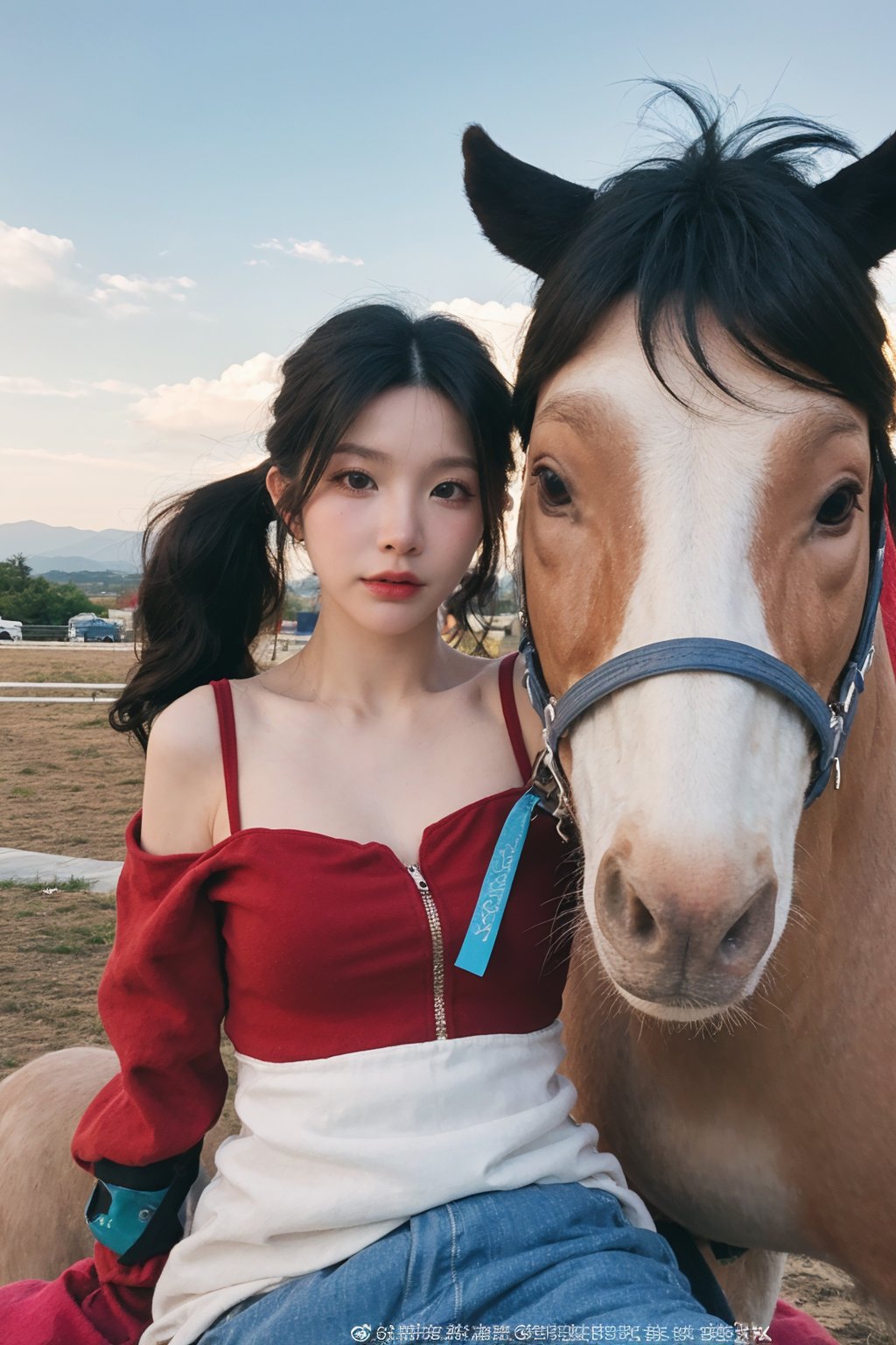 1girl, young lady, solo, (20yo), cute, detailed eyes, black hair, long hair, (ponytail:1.2), riding a horse, equestrian, traditional dress, red ribbon, looking forward, fields, countryside, sunny day, blue sky, white clouds, beautifully detailed background, depth of field, realistic, ambient light, (cinematic composition:1.3), HDR, Accent Lighting, wide-angle lens, best quality, masterpiece.