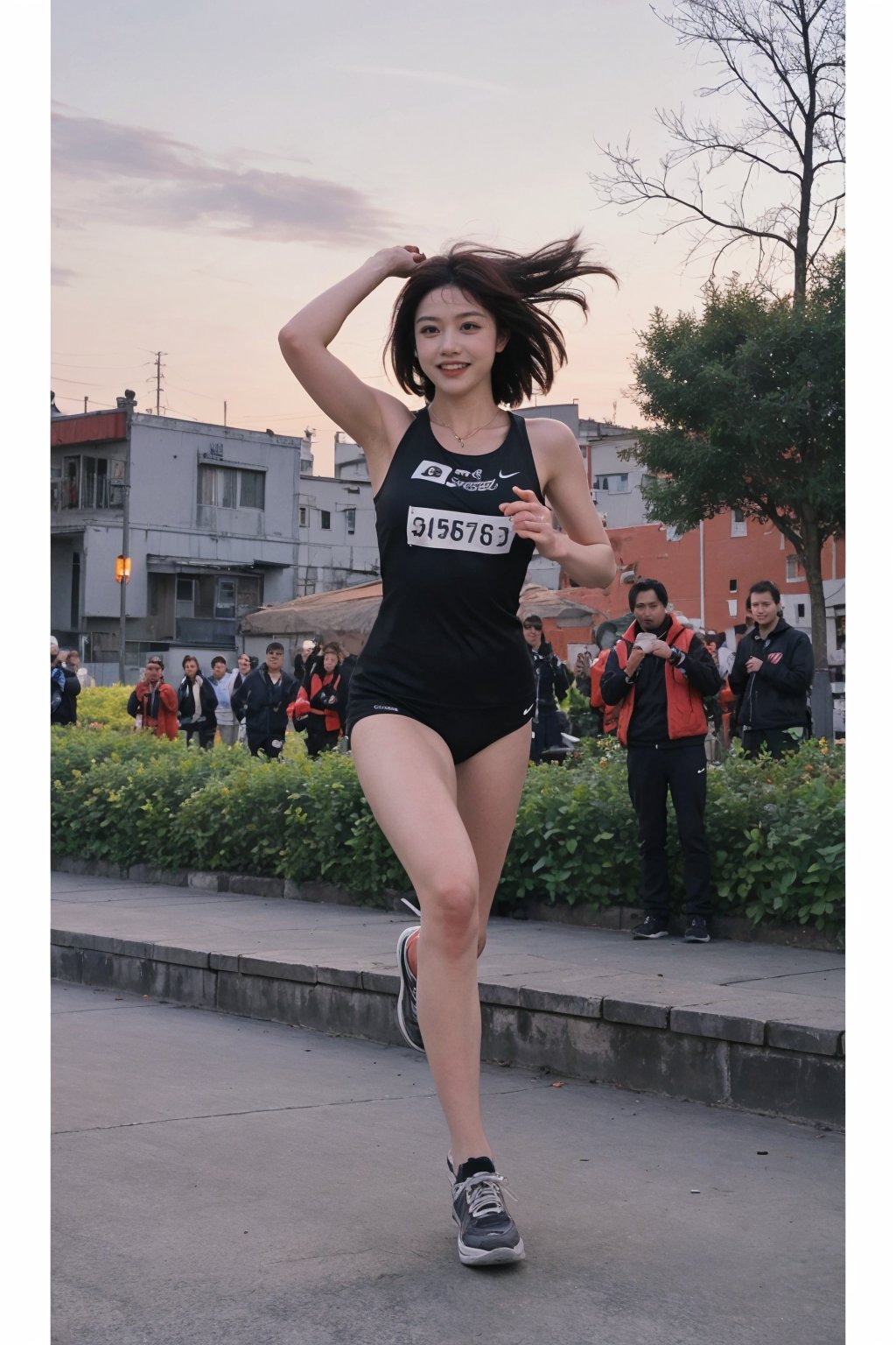 1girl, black hair, full body, sportswear, marathon running, dynamic pose, (16yo), determined expression, sweat, windblown hair, city marathon background, crowd cheering, clear sky, sunrise, vibrant colors, energy boost, detailed muscles, motion blur: legs, high quality, best quality, masterpiece.