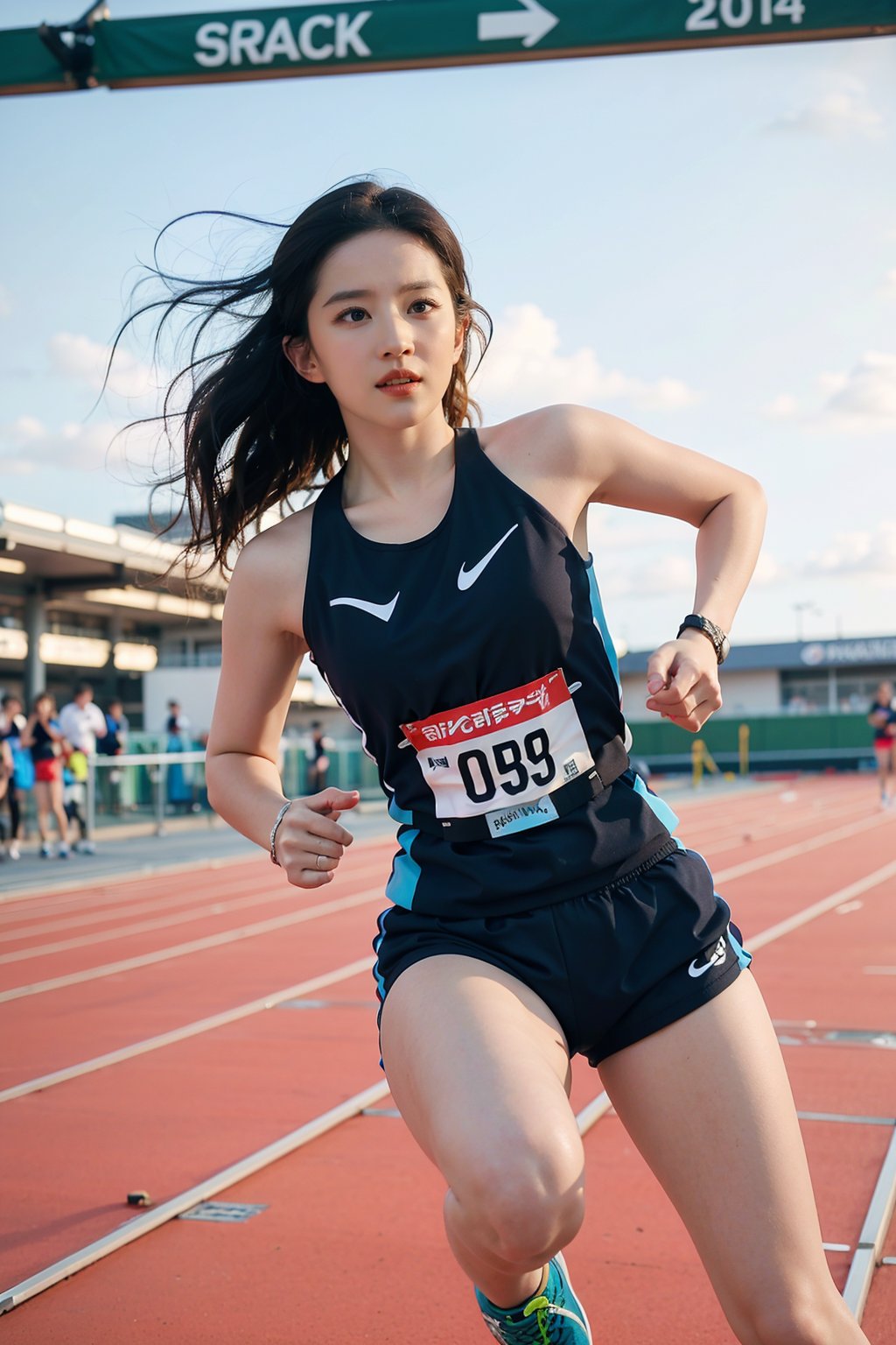 1girl, black hair, beautiful, marathon runner, competition, athletic outfit, running shoes, dynamic pose, sweating, determined expression, (track and field:1.3), sports track, clear sky, daytime, vibrant atmosphere, realistic style, wide-angle lens, best quality, masterpiece