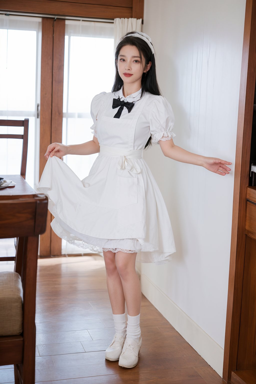 1girl, black hair, maid costume, full body, standing, smiling, room interior, detailed eyes, cute, youthful, light blush, looking at viewer, lace headwear, apron, dress with puff sleeves, bowtie, socks, shoes, floorboards, windows, curtains, furniture, beautifully detailed background, realistic, soft lighting, (cinematic composition:1.3), wide-angle lens, best quality, masterpiece.