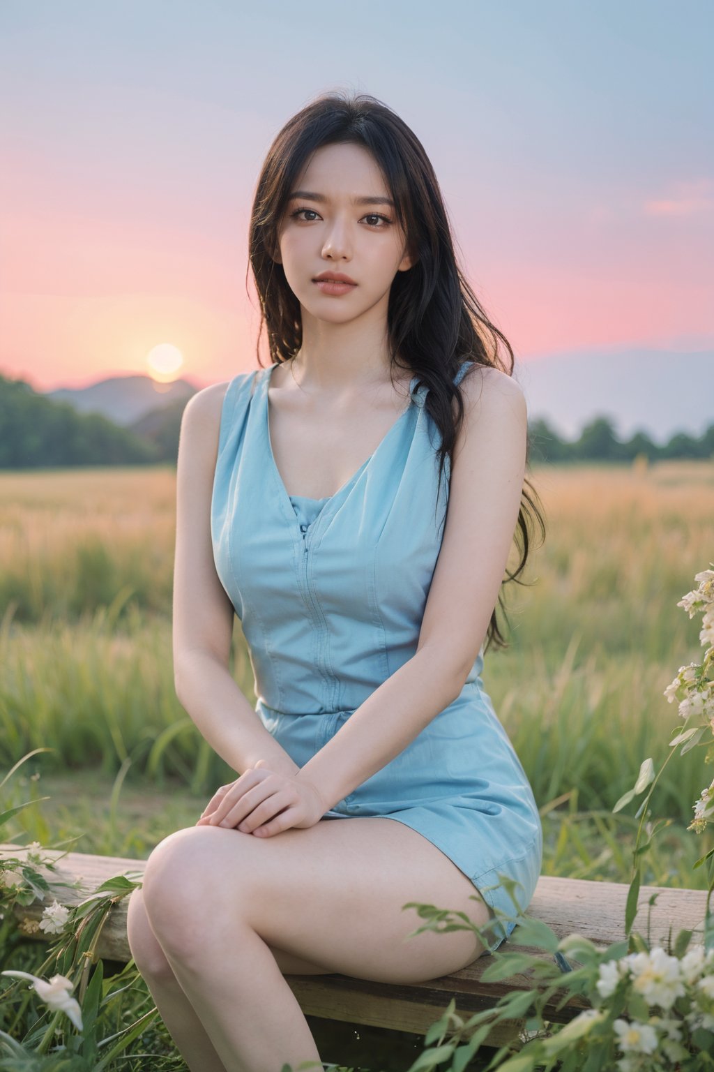 1girl, beautiful, black hair, long hair, fallen, grass field, (blue dress:1.2), white socks, school uniform, injured, looking at viewer, tears, light blush, beautifully detailed eyes, sunset background, orange and pink sky, depth of field, realistic, ambient light, (cinematic composition:1.3), soft focus, HDR, best quality, masterpiece