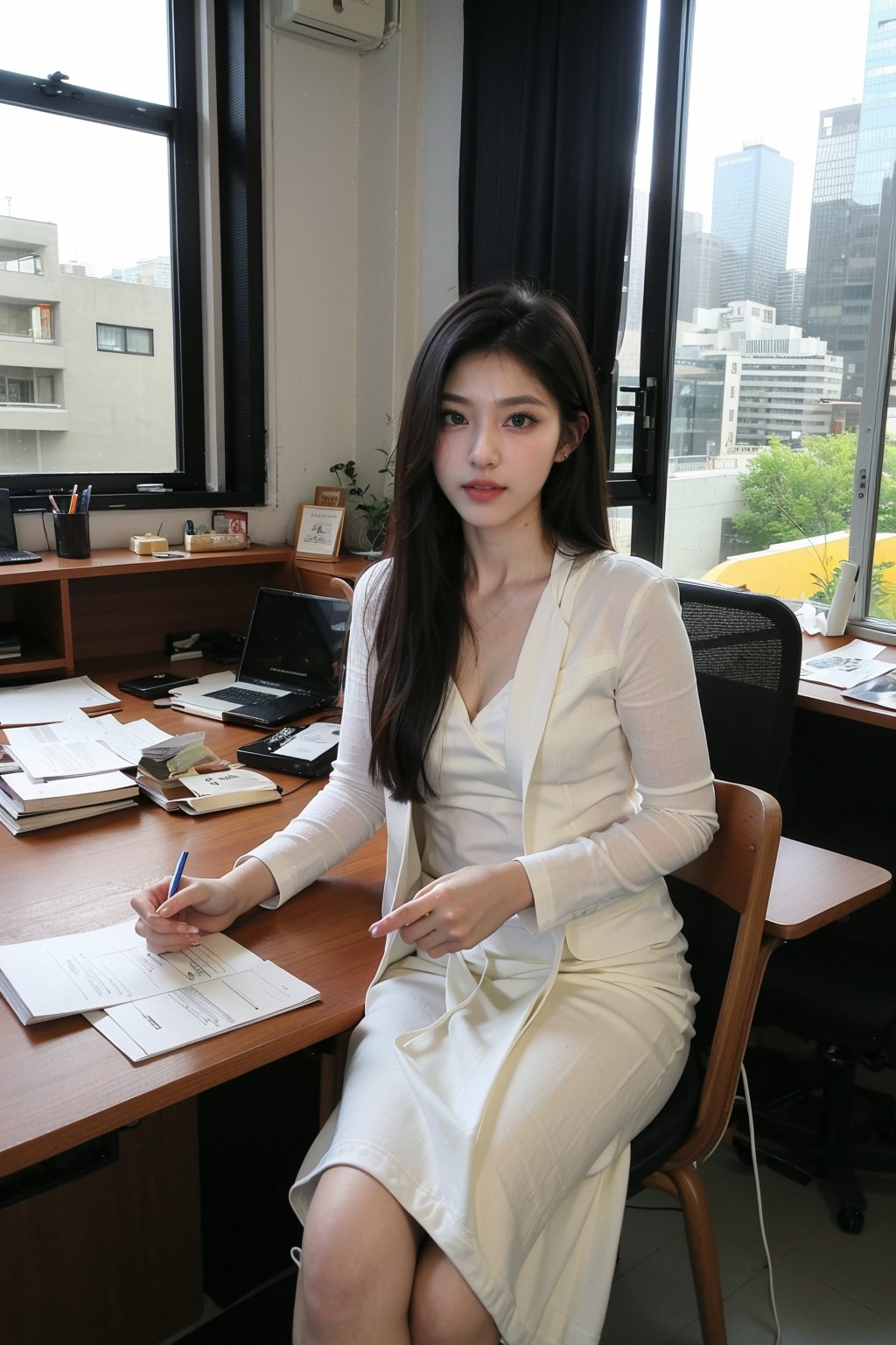 1girl, office lady, solo, (20yo), beautiful, detailed eyes, black hair, long hair, professional attire, suit jacket, pencil skirt, high heels, sitting at desk, computer on desk, office environment, modern interior, window view, sunlight, beautifully detailed background, depth of field, realistic, ambient light, (cinematic composition:1.3), HDR, Accent Lighting, wide-angle lens, best quality, masterpiece