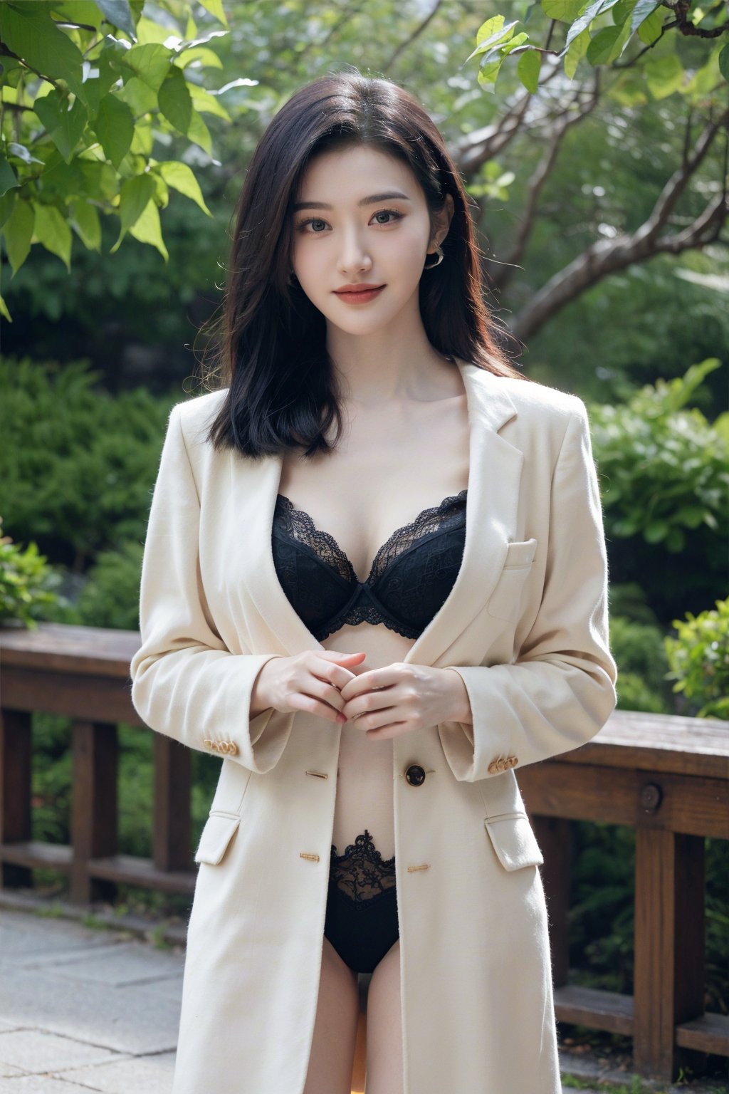 1girl, black hair, long coat, open chest, full body shot, standing, smiling,Cleavage, (lace lingerie), beautifully detailed background, depth of field, realistic, ambient light, (cinematic composition:1.3), HDR, Accent Lighting, wide-angle lens, best quality, masterpiece