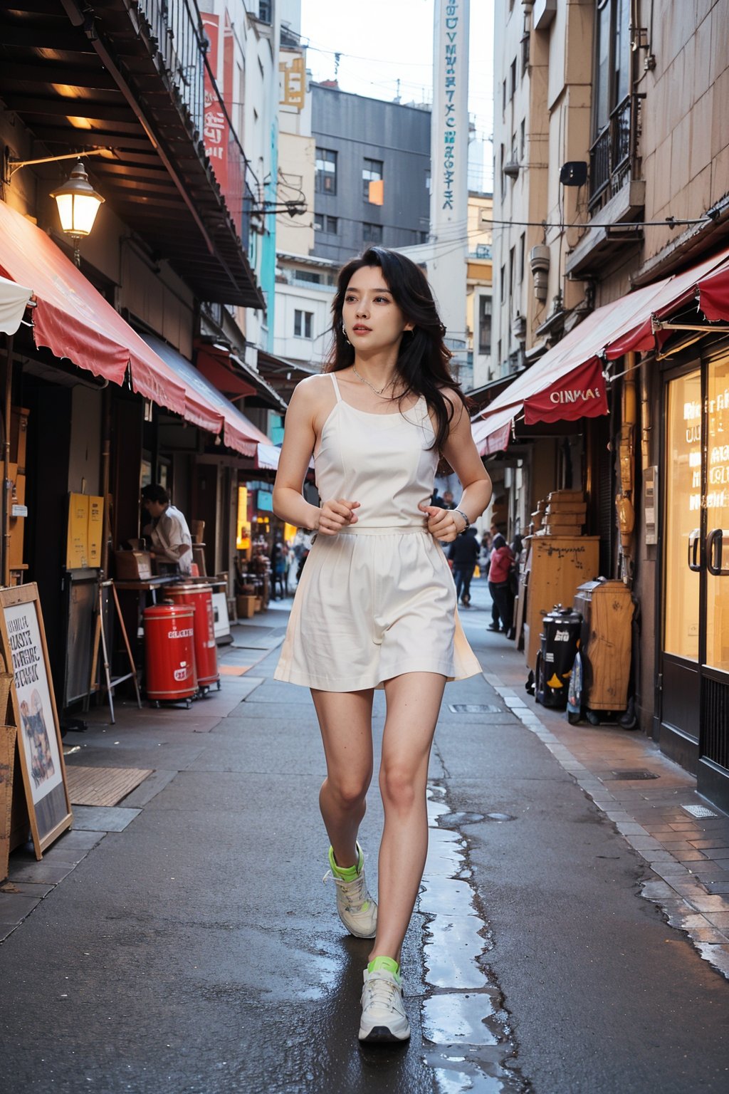 1girl, beautiful, black hair, long hair, solo, (18yo), (athletic, running), city background, urban landscape, skyscrapers, streets, night time, streetlights, dynamic pose, flowing dress, determined expression, high-quality sneakers, neon signs, reflections on wet pavement, ambient city lights, depth of field, realistic, (cinematic composition:1.3), wide-angle lens, best quality, masterpiece