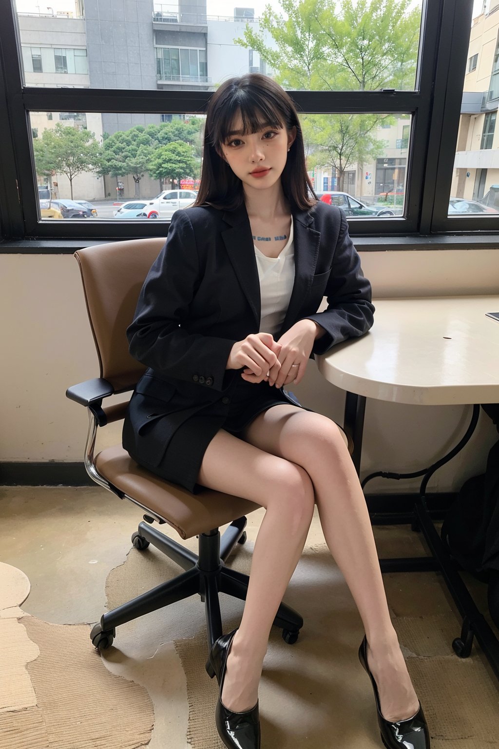 1girl, office lady, solo, (20yo), beautiful, detailed eyes, black hair, long hair, professional attire, suit jacket, pencil skirt, high heels, sitting at desk, computer on desk, office environment, modern interior, window view, sunlight, beautifully detailed background, depth of field, realistic, ambient light, (cinematic composition:1.3), HDR, Accent Lighting, wide-angle lens, best quality, masterpiece