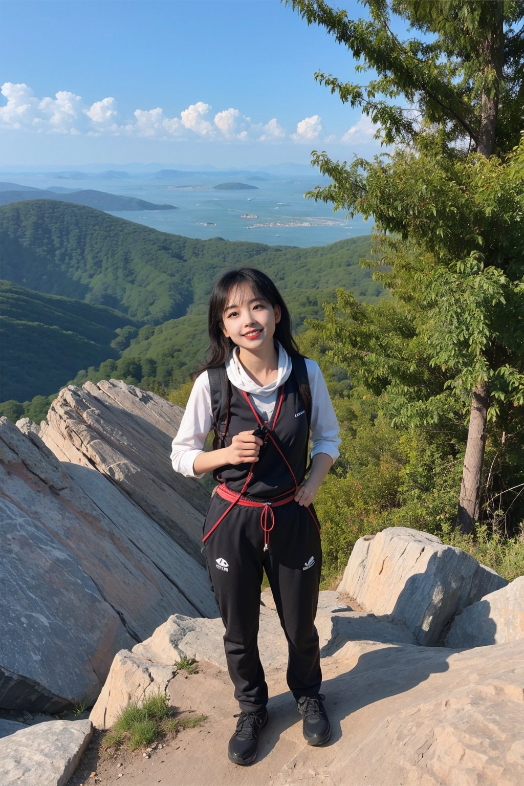 1girl, black hair, standing on a mountain top, full body shot, wearing climbing gear, hiking attire, (mountain range:1.3), (peak:1.2), (sunset:0.9), vibrant colors, clear sky, high resolution, realistic style, wide-angle lens, best quality, masterpiece.