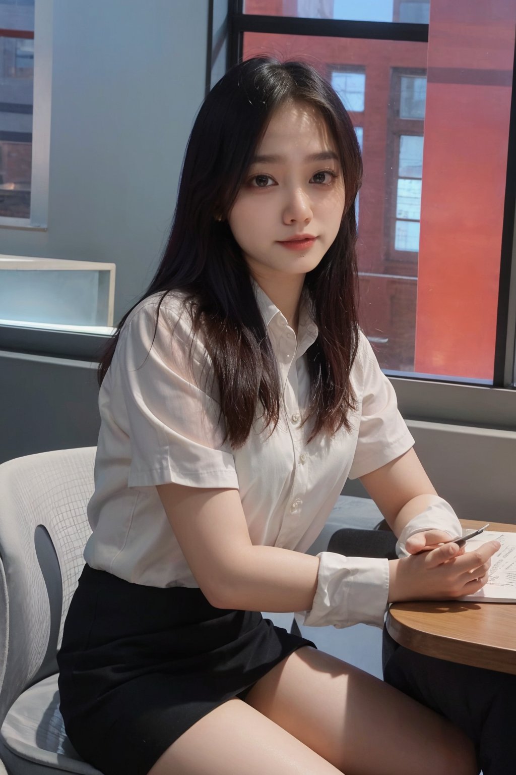 1girl, office lady, solo, (20yo), beautiful, detailed eyes, black hair, long hair, business suit, white shirt, black skirt, high heels, thighhighs, office, desk, computer, documents, window view, cityscape, beautifully detailed background, depth of field, realistic, ambient light, (cinematic composition:1.3), HDR, Accent Lighting, wide-angle lens, best quality, masterpiece