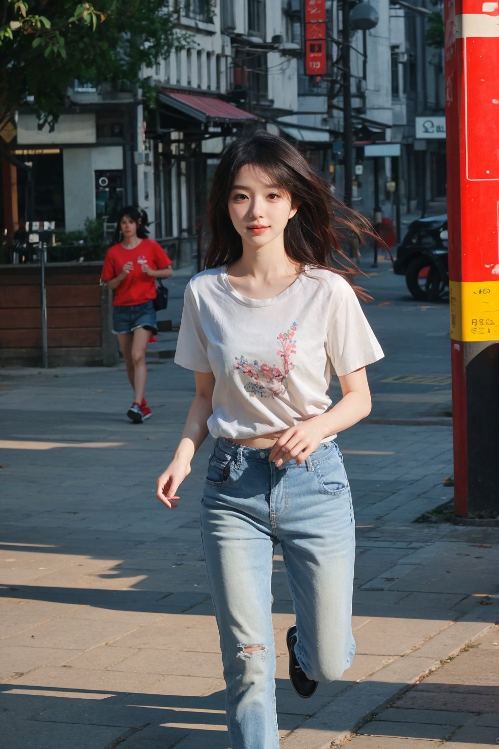 1girl, black hair, running, street, dynamic pose, (20yo), casual wear, short hair, bright eyes, looking forward, sneakers, jeans, t-shirt, city background, daytime, sunlight, realistic, ambient light, (cinematic composition:1.3), wide-angle lens, best quality, masterpiece