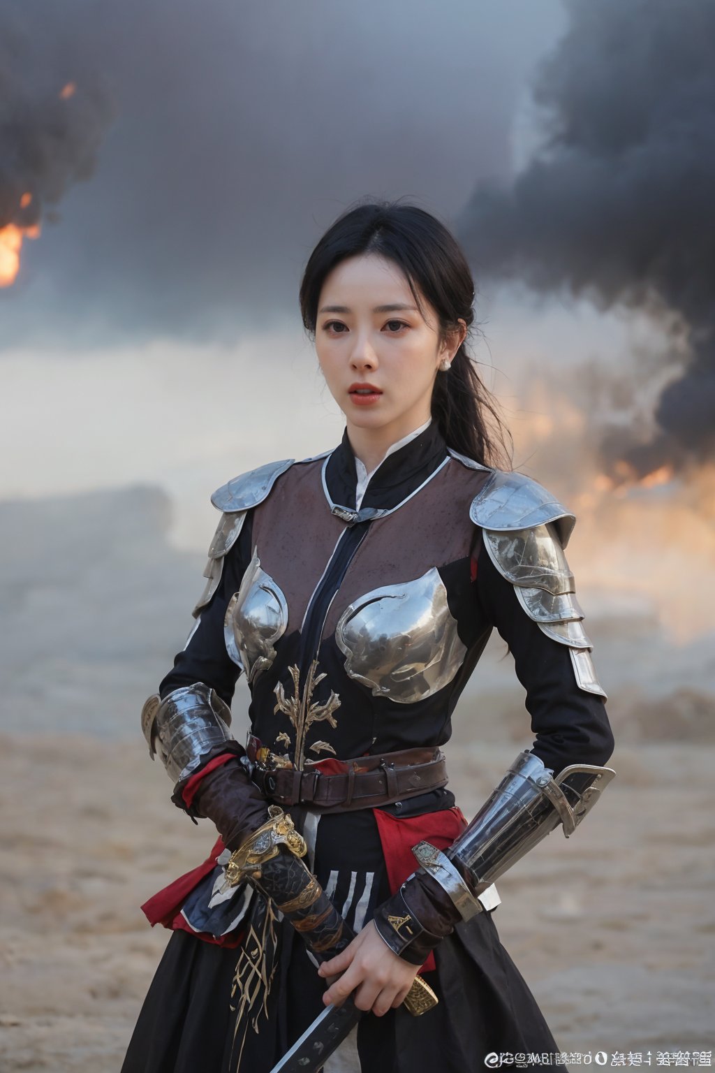 1girl, black hair, combat pose, (20yo), determined expression, glowing sword, shield, futuristic armor, dynamic action, energy effects, battlefield background, (explosion in distance:0.8), smoke, debris, high contrast lighting, (sword glow intensity:1.3), wide-angle lens, best quality, masterpiece.