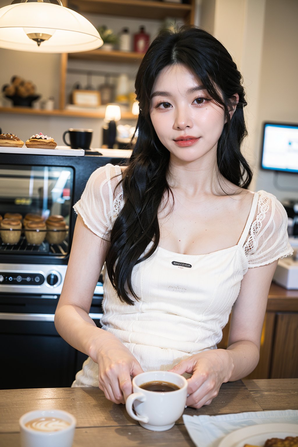 1girl, beautiful, black hair, long hair, smiling, coffee shop, sitting, (20yo:1.3), detailed eyes, light blush, white dress, (flowers in hair:1.1), looking at viewer, counter, espresso machine, cups, pastries, warm lighting, cosy atmosphere, beautifully detailed background, realistic, ambient light, (cinematic composition:1.3), HDR, Accent Lighting, wide-angle lens, best quality, masterpiece.