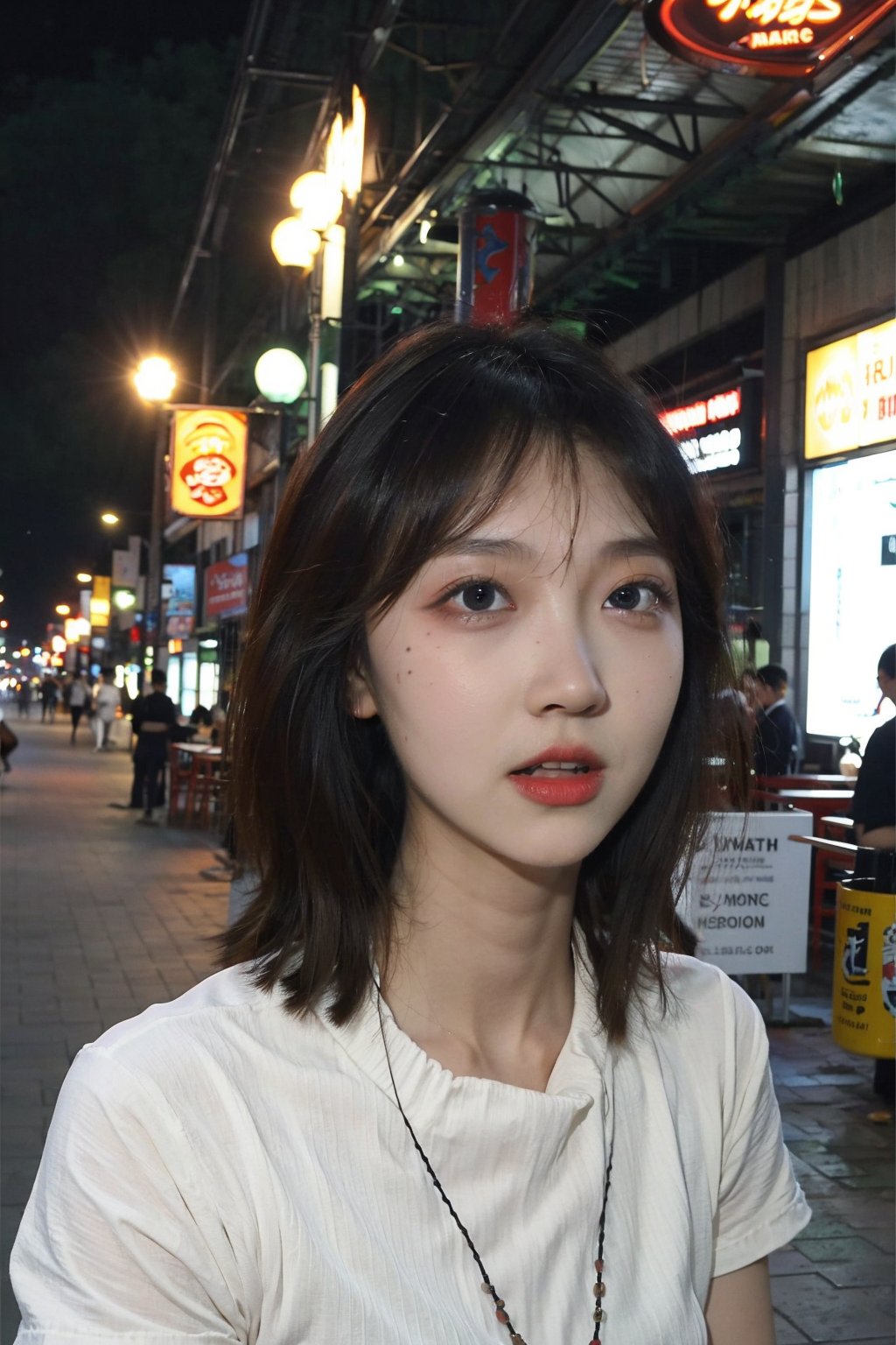 1girl, black hair, teenage, fearful expression, running, nighttime, city streets, alone, (dark shadows:0.8), (moonlight:1.2), blurred background motion, detailed face, wide eyes, open mouth, wind-blown hair, fast movement, urban environment, neon signs, streetlights, (panic:1.5), best quality, masterpiece