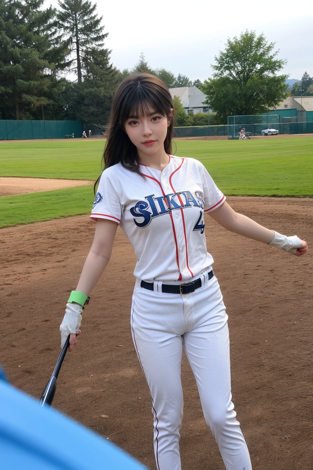 1girl, black hair, young, baseball uniform, full body shot, detailed eyes, beautiful, (sporty vibe:1.2), dynamic pose, outdoor field, sunny day, grass, dirt path, (baseball bat:0.9), (baseball glove:0.9), clear blue sky, high resolution, depth of field, realistic, ambient light, (cinematic composition:1.3), HDR, Accent Lighting, wide-angle lens, best quality, masterpiece.