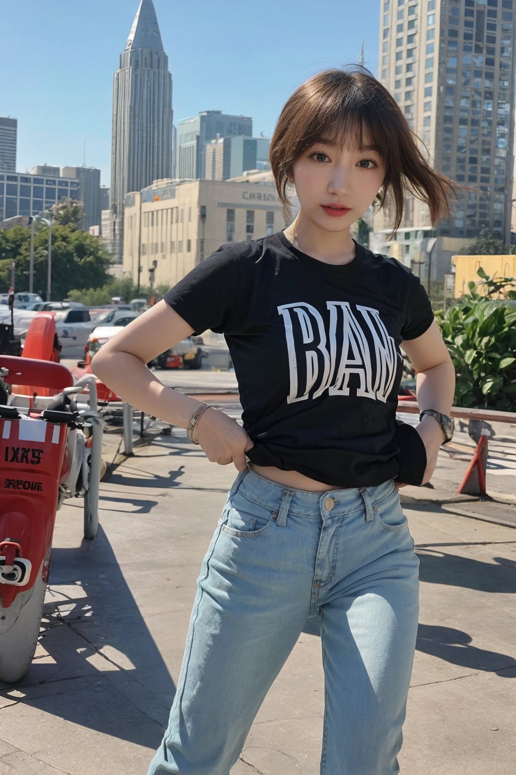 1girl, black hair, running, street, dynamic pose, (20yo), casual wear, short hair, bright eyes, looking forward, sneakers, jeans, t-shirt, city background, daytime, sunlight, realistic, ambient light, (cinematic composition:1.3), wide-angle lens, best quality, masterpiece