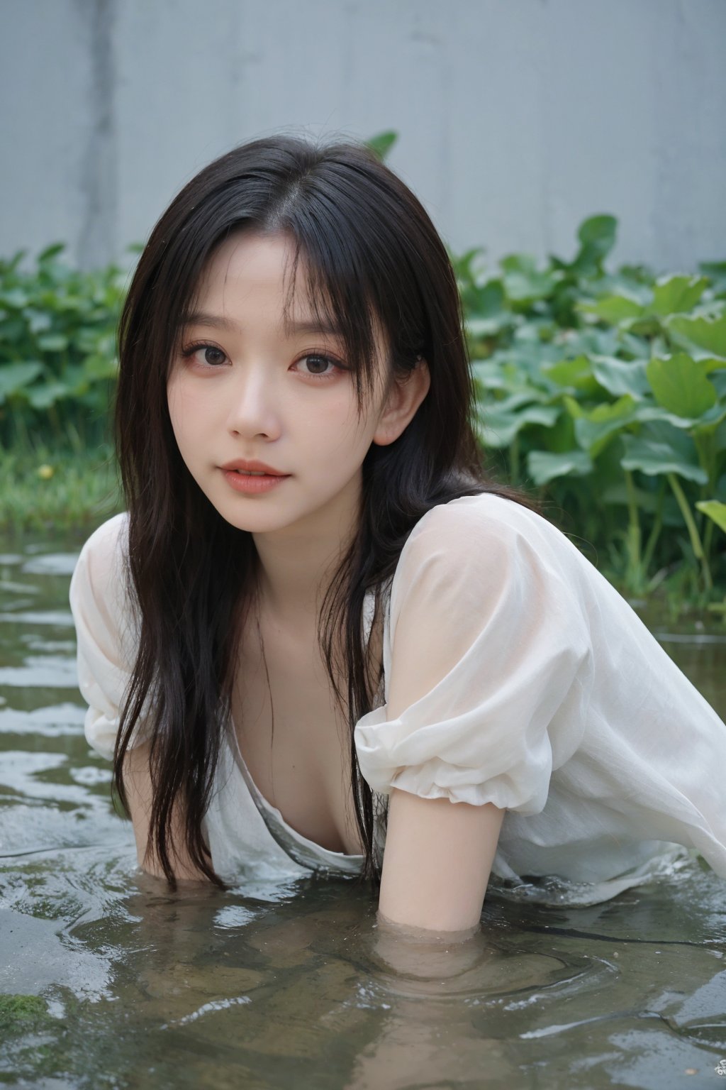 1girl, black hair, half body submerged in swamp, fearful expression, detailed eyes, (20yo:0.9), wet clothes, green mossy environment, brown water, bubbles, (mud on face:1.2), (fear:1.3), overcast sky, realistic, high resolution, cinematic composition, natural lighting, depth of field, wide-angle lens, best quality, masterpiece.