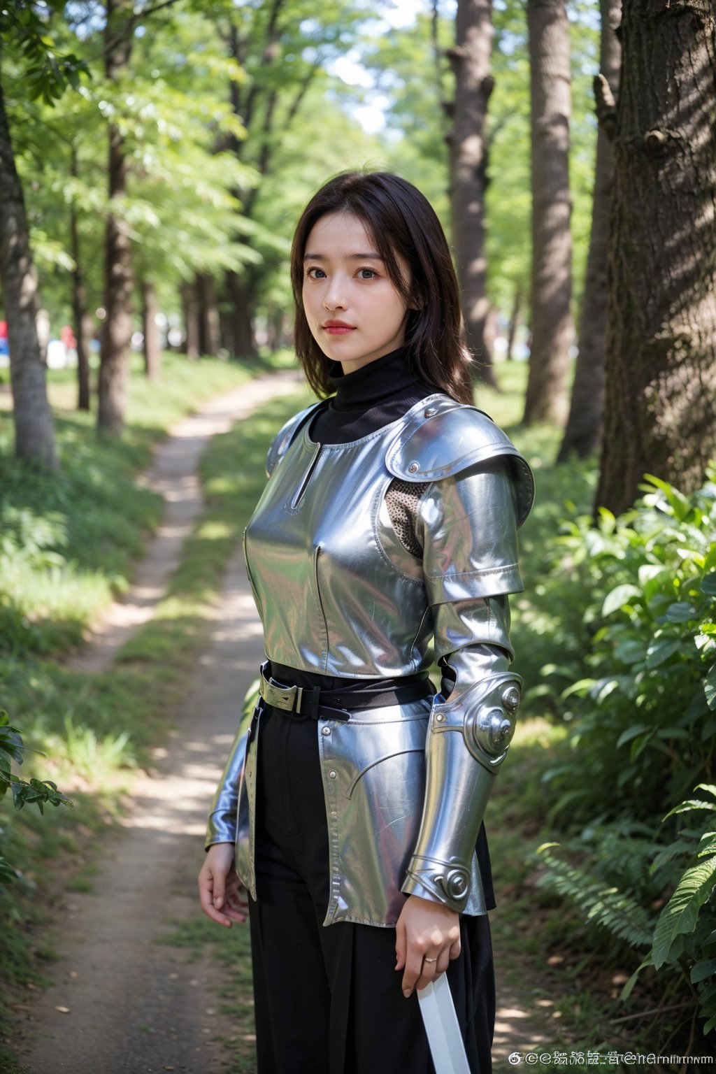 1girl, medieval, warrior, beautiful, black hair, long hair, (18yo), determined expression, wearing armor, sword on belt, standing in forest, sunlight filtering through trees, green leaves, brown bark, moss on ground, peaceful atmosphere, realistic style, best quality, masterpiece.