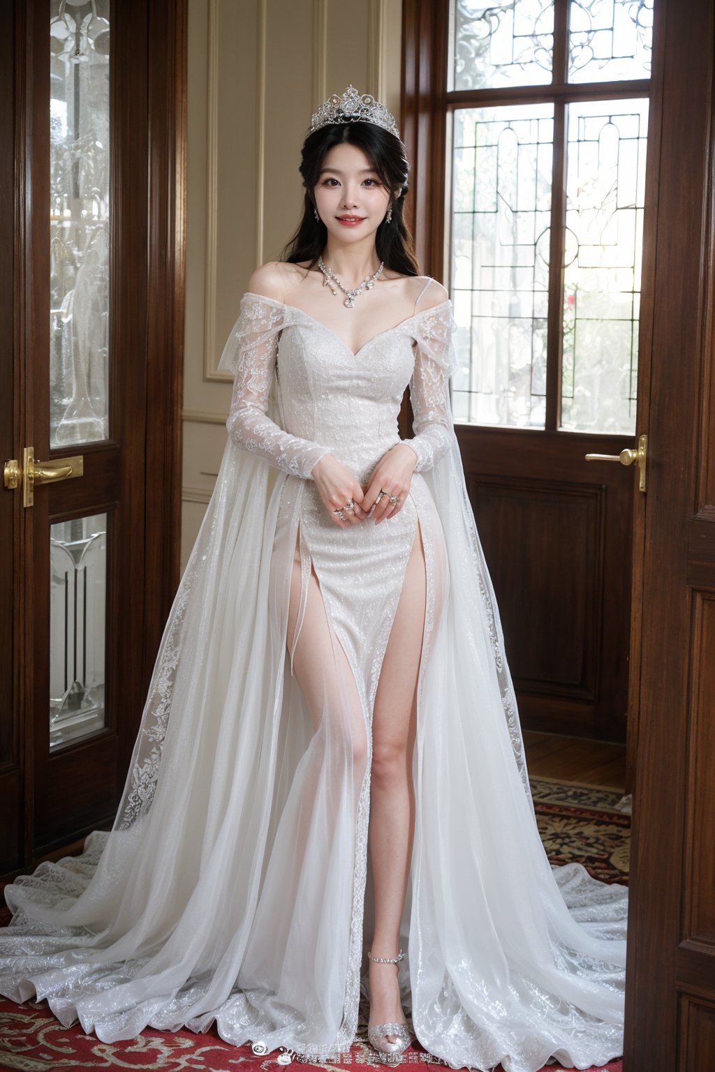 1girl, black hair, queen costume, luxurious clothing, full body shot, smiling, (crown:1.2), (jewelry:1.3), (gown:1.5), detailed textures, elegant pose, regal aura, soft lighting, ornate background, royal throne, palace interior, high resolution, best quality, masterpiece