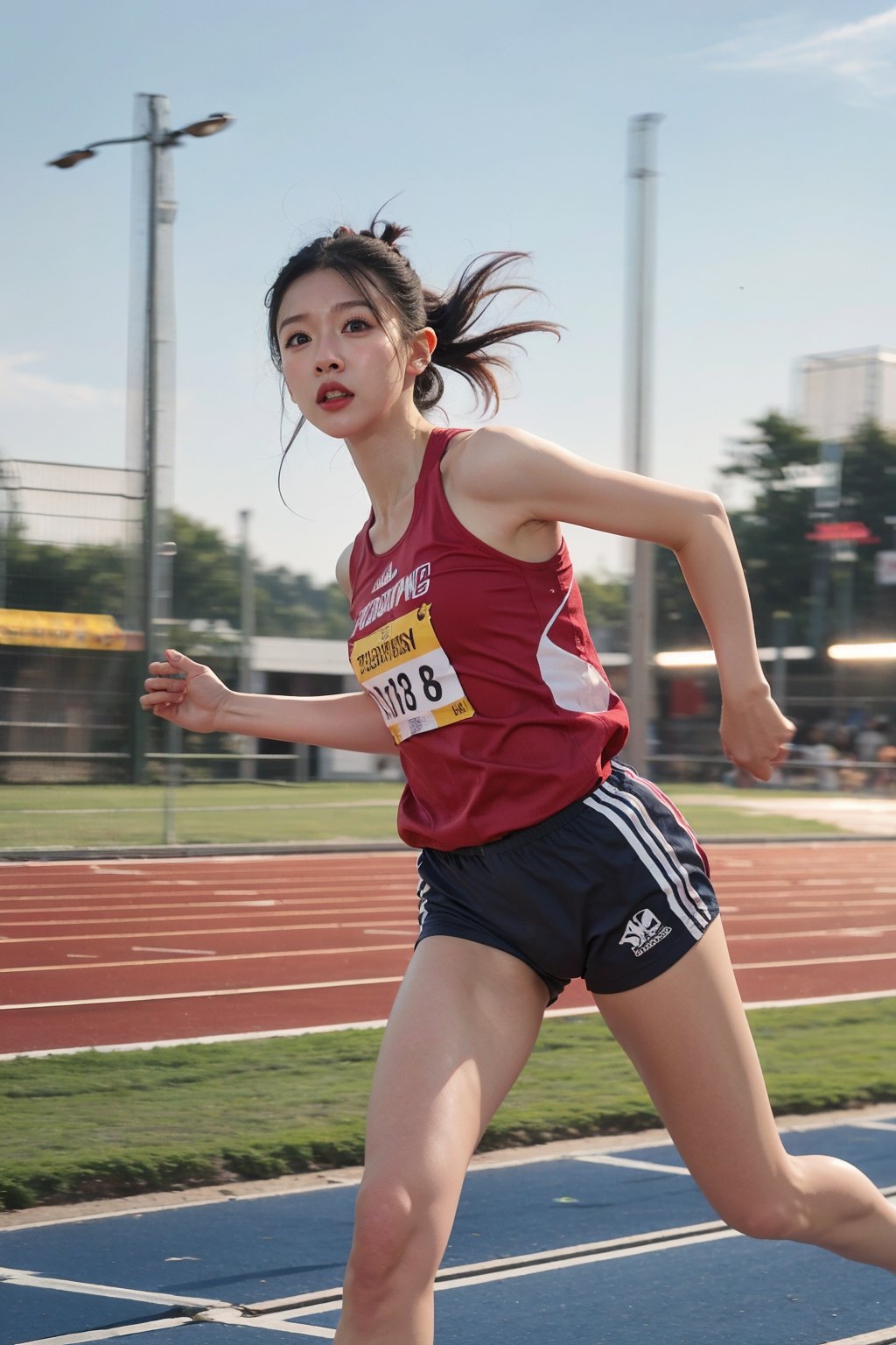 1girl, black hair, beautiful, marathon runner, competition, athletic outfit, running shoes, dynamic pose, sweating, determined expression, (track and field:1.3), sports track, clear sky, daytime, vibrant atmosphere, realistic style, wide-angle lens, best quality, masterpiece