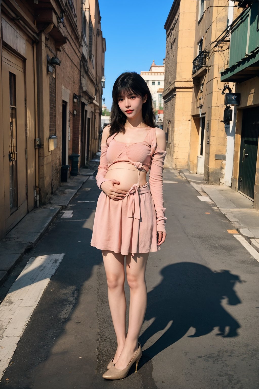 1girl, black hair, pregnant, standing, street, full body shot, (20yo), beautiful, detailed eyes, light blush, simple dress, flat shoes, holding belly, sunny day, urban background, realistic, ambient light, (cinematic composition:1.3), wide-angle lens, best quality, masterpiece